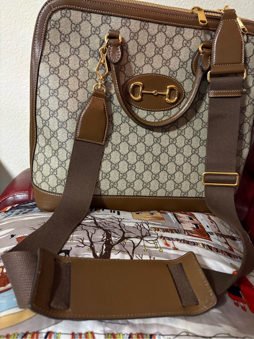 Gucci Beige GG Canvas Laptop Bag with Brown Leather & Gold Horsebit